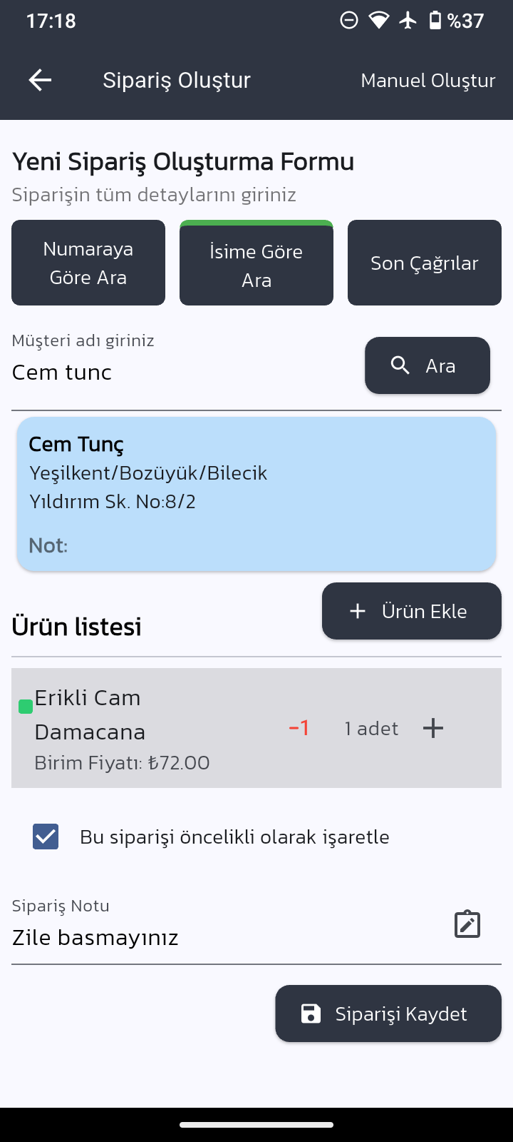 TamSucu Android uygulaması – sipariş oluşturma ekranı