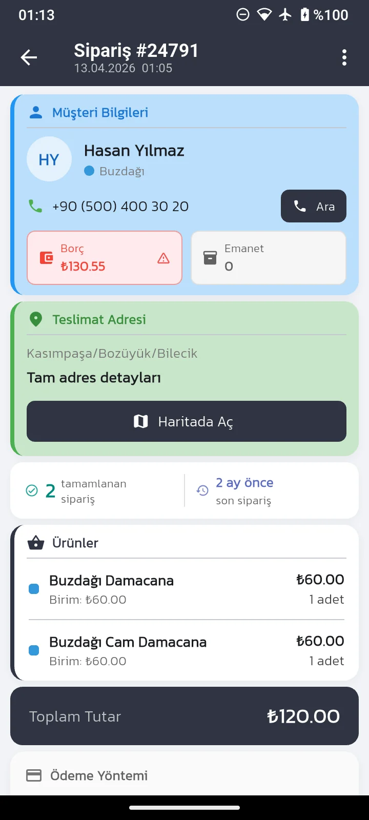 TamSucu sipariş detayı ekranı
