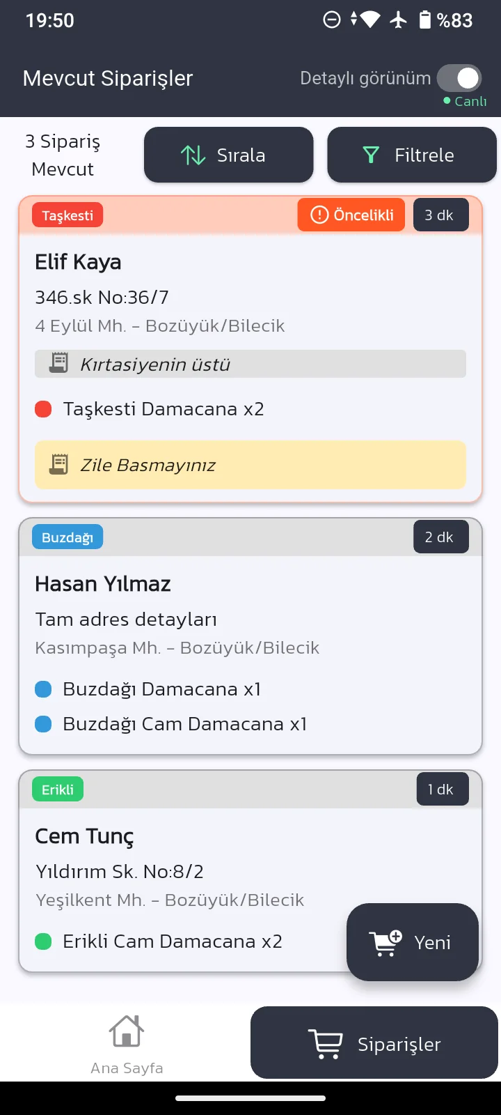 TamSucu sipariş listesi ekranı