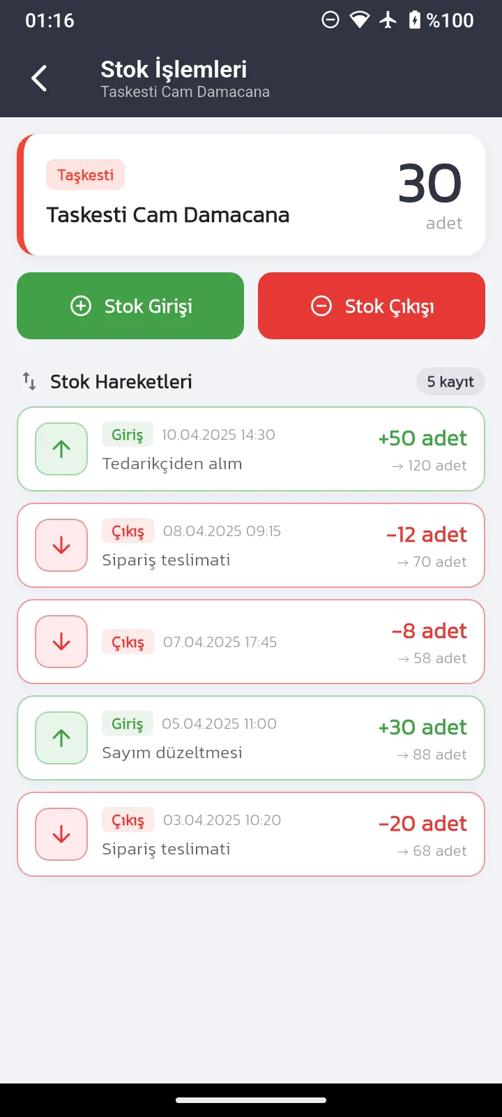 TamSucu stok hareketleri ekranı